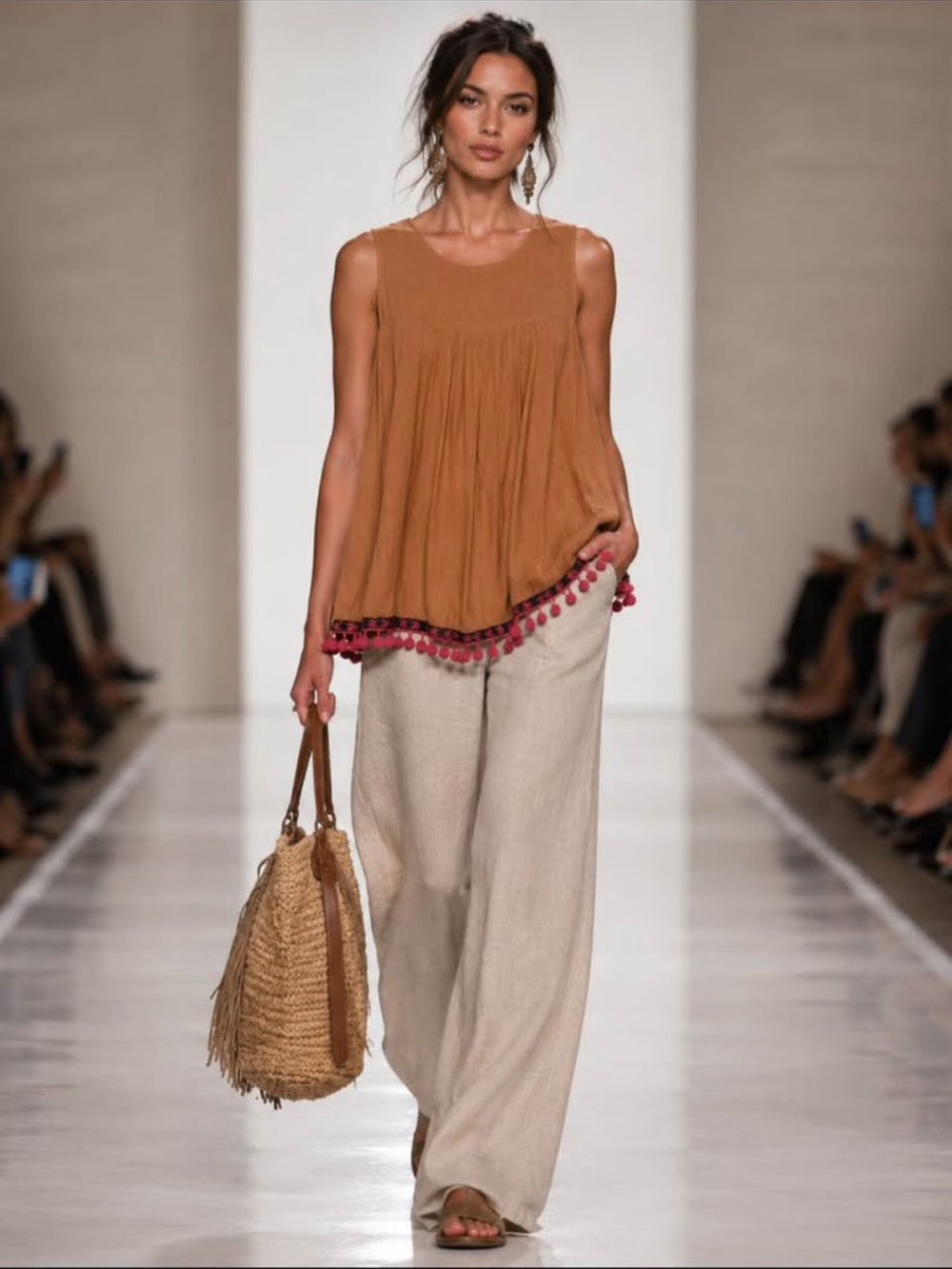 Pleaser Cottagecore Boho Cami Tan Pom-Pom Trim Tunic w/ Back Slit